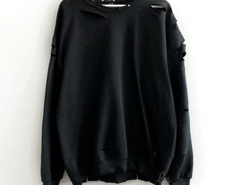 Moletom preto grande grunge destruído, desgastado, tamanho S-5X, blusa boho, blusa feminina, roupa gótica