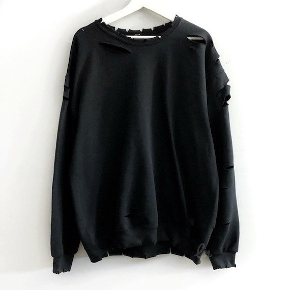Grunge Oversized Black Destroyed Sweatshirt Distressed S-5X Grunge Oversized Black Destroyed Sweatshirt Distressed S-5X