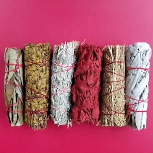 May include: Six different types of smudge sticks, tied with red string, on a red background. The sticks are white, brown, red, and beige.
