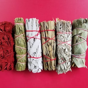 Bundle of 6 Smudge Sticks  | Dragon&#39;s Blood, Cedar, White Sage, Yerba Santa, Blue Sage  and Eucalyptus Smudging Sticks