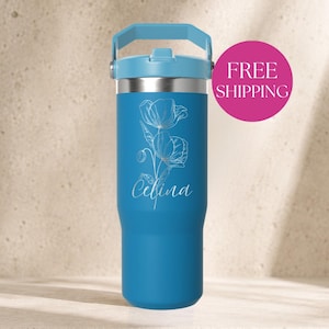 Gobelet isotherme Stanley IceFlow Flip Straw personnalisé avec nom et fleur de naissance, en acier inoxydable gravé. Cadeau idéal.