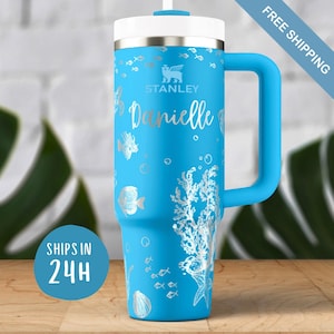 Ocean Scene Engraved 40 oz Stanley Quencher, Personalized Beach Tumbler for Hydration, Unique Gift for Ocean Lovers