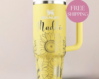 Vaso de girasol Stanley, regalo personalizado, diseño floral, taza térmica de viaje, taza con nombre personalizado grabado, vajilla de acero inoxidable para agua