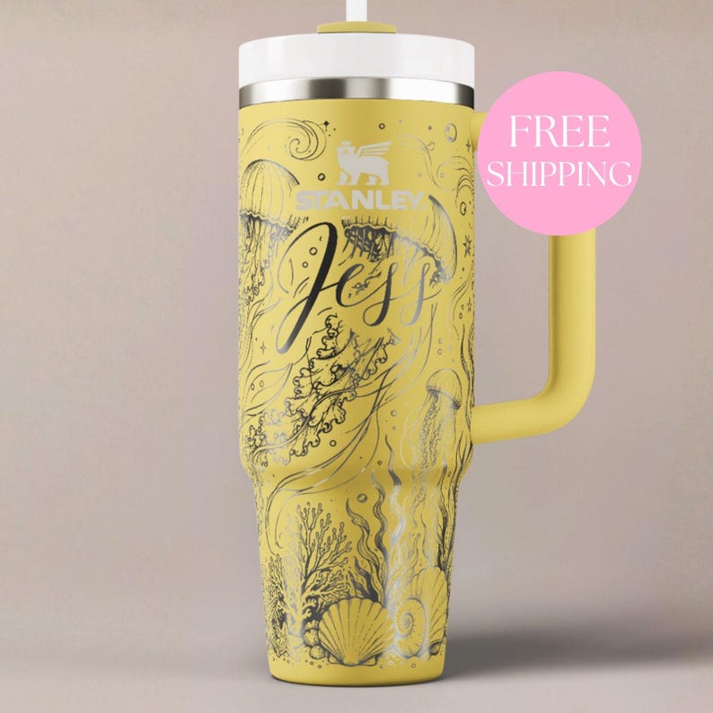Ocean Jellyfish Design Seashell Coral Wave Drinkware Thermal Flask Personalized Name Beach Gift Nautical Travel Mug Handled Water Bottle Stainless Steel Insulated Cup Custom Name Options Color Choices Font Selections Twenty Thirty Forty
