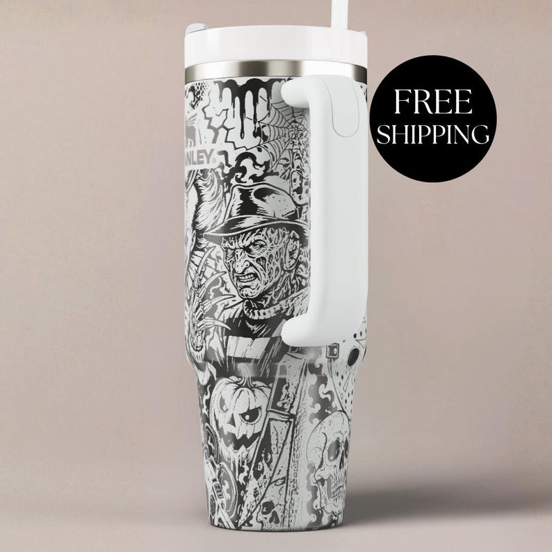 Stanley Cup Insulated Tumbler Horror Movie Theme Engraved Gothic Bottle Design Laser Etched Pennywise Character Bats Chainsaws Classic Scary Icons Halloween Party Drinkware Gift Horror Fan Collection Black White Artwork Dishwasher Safe 30oz