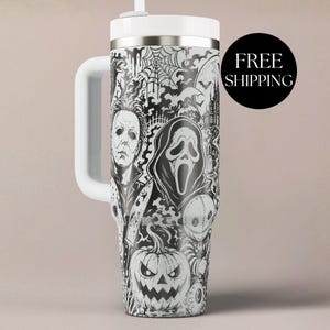Horror Movie Tumbler Engraved Stanley Cup Insulated Gothic Bottle Halloween Party Drinkware Gift For Horror Fan Scary Movie Collection Pennywise Character Design Laser Etched Bats Chainsaws Classic Icons Black White Artwork Dishwasher Safe