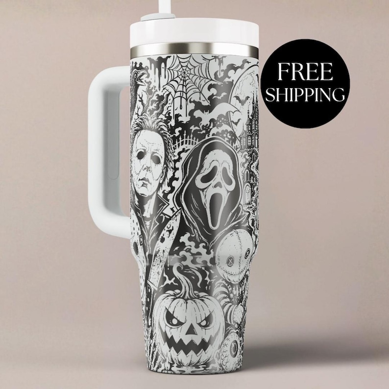 Horror Movie Tumbler Engraved Stanley Cup Insulated Gothic Bottle Halloween Party Drinkware Gift For Horror Fan Scary Movie Collection Pennywise Character Design Laser Etched Bats Chainsaws Classic Icons Black White Artwork Dishwasher Safe
