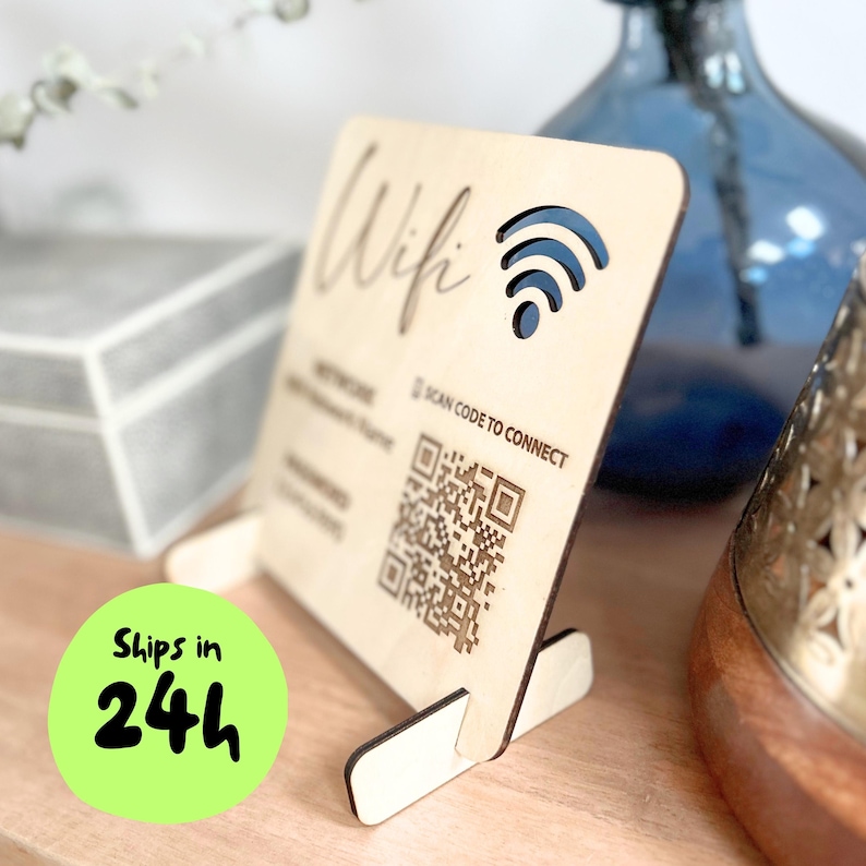Vacation Rental Accessory Wooden WiFi Sign QR Code Display Guest Welcome Information Airbnb Host Essential Countertop Stand Wall Mount Option Natural Wood Material Scannable Network Access Convenient Visitor Experience Modern Rustic Design