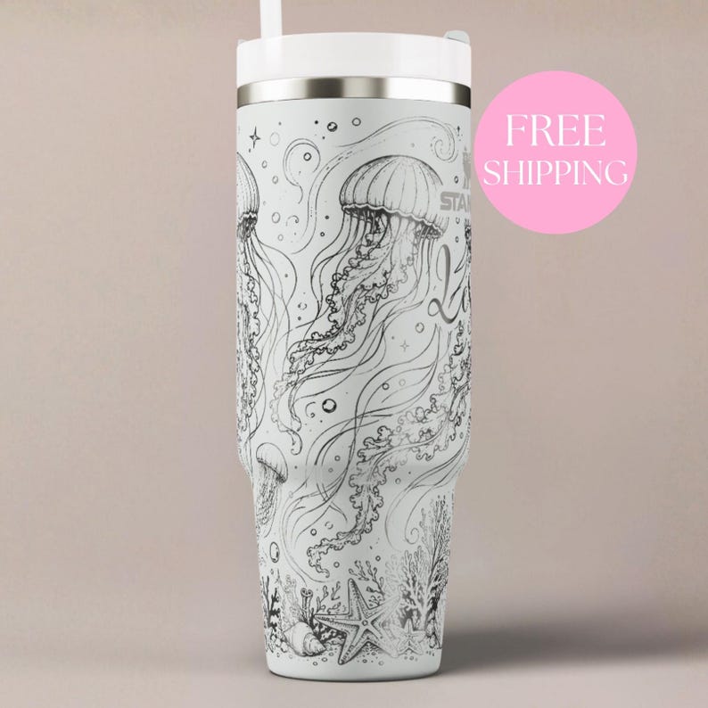 Ocean Jellyfish Design Seashell Coral Wave Drinkware Thermal Flask Personalized Name Beach Gift Nautical Travel Mug Handled Water Bottle Stainless Steel Insulated Cup Custom Name Options Color Choices Font Selections Twenty Thirty Forty