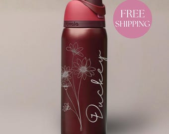 Personalized Owala Freesip Water Bottle with Name Birth Flower Engraved Design Stainless Steel Insulated Tumbler Custom Gift for Him
