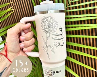 Birth Flower Engraved Stanley 40oz | Personalized Stanley Tumbler with Name | Custom Floral Stanley Cup | Birthday Gift for Her