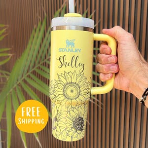 Personalized Sunflower Engraved Stanley Tumbler: Insulated Travel Mug