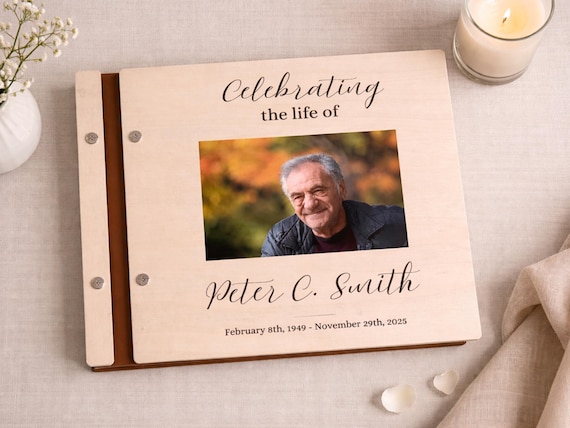 Personalized Memorial Guest Book Funeral Favors Celebration Life Memory Album Custom Design Wooden Keepsake Remembrance Journal Tribute