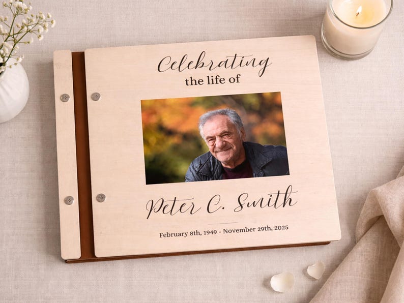 Memorial Guest Book Wooden Keepsake Album Personalized Remembrance Journal Custom Design Tribute Celebration Life Memory Collection Handcrafted Wood Construction Signature Pages Condolence Gift Idea Sympathy Present Meaningful Memento