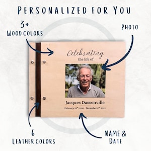 Wooden Memorial Album Celebration Life Guest Book Custom Remembrance Journal Personalized Keepsake Collection Signature Gathering Book Funeral Service Essential Handcrafted Wood Design Memory Preservation Album Sympathy Gift Idea Condolence
