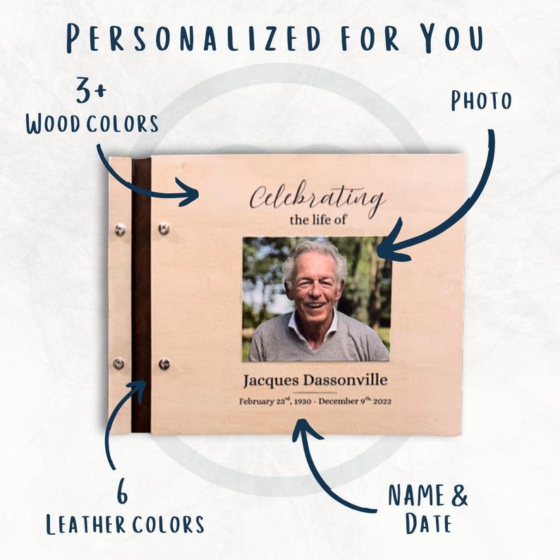 Wooden Memorial Album Celebration Life Guest Book Custom Remembrance Journal Personalized Keepsake Collection Signature Gathering Book Funeral Service Essential Handcrafted Wood Design Memory Preservation Album Sympathy Gift Idea Condolence