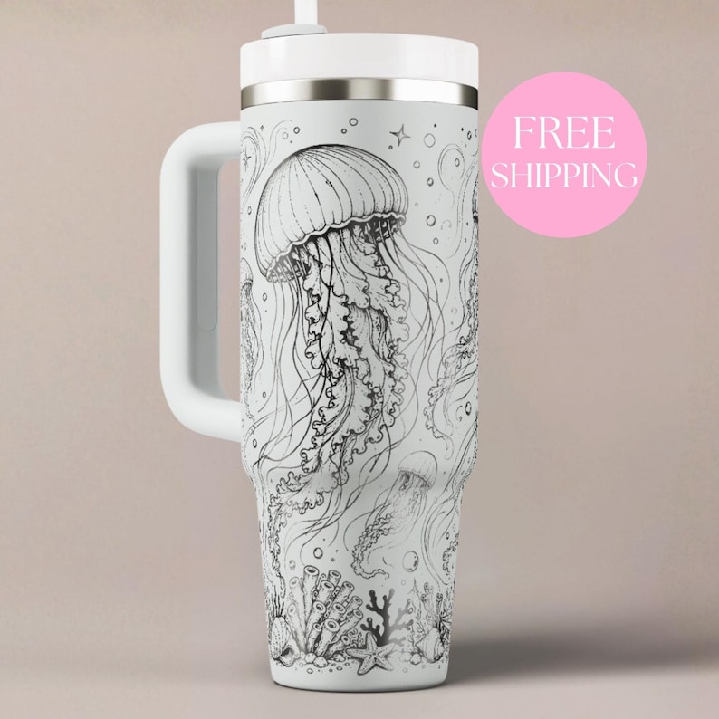 Stainless Steel Insulated Cup Custom Name Beach Gift Nautical Travel Mug Handled Water Bottle Jellyfish Design Seashell Coral Wave Drinkware Thermal Flask Personalized Ocean Tumbler Name Customization Color Options Font Choices Available