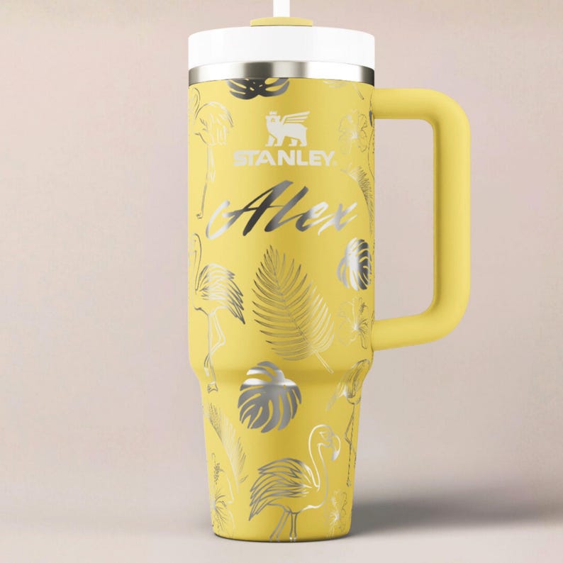 Flamingo Stanley Tumbler Personalized Beach Cup Insulated Stainless Mug Custom Design Tropical Drinkware Laser Engraved Gift Idea Travel image 6
