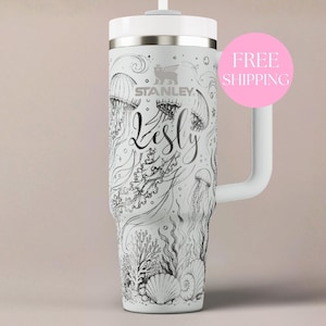 Personalized Ocean Tumbler Stainless Steel Insulated Cup Custom Name Beach Gift Nautical Travel Mug Handled Water Bottle Jellyfish Design Seashell Coral Wave Drinkware Thermal Flask Personalized Name Options Color Choices Font Selections