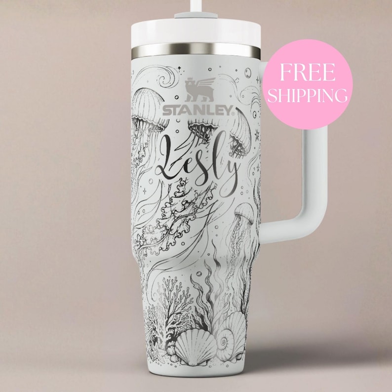 Personalized Ocean Tumbler Stainless Steel Insulated Cup Custom Name Beach Gift Nautical Travel Mug Handled Water Bottle Jellyfish Design Seashell Coral Wave Drinkware Thermal Flask Personalized Name Options Color Choices Font Selections