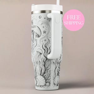 Stainless Steel Insulated Cup Custom Name Beach Gift Nautical Travel Mug Handled Water Bottle Jellyfish Design Seashell Coral Wave Drinkware Thermal Flask Personalized Ocean Tumbler Name Customization Color Options Font Choices Available
