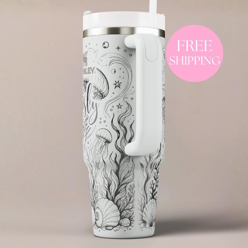 Stainless Steel Insulated Cup Custom Name Beach Gift Nautical Travel Mug Handled Water Bottle Jellyfish Design Seashell Coral Wave Drinkware Thermal Flask Personalized Ocean Tumbler Name Customization Color Options Font Choices Available