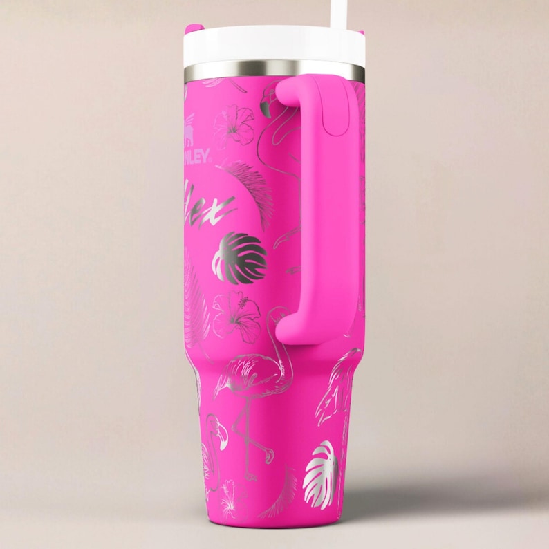 Flamingo Stanley Tumbler Personalized Beach Cup Insulated Stainless Mug Custom Design Tropical Drinkware Laser Engraved Gift Idea Travel image 7