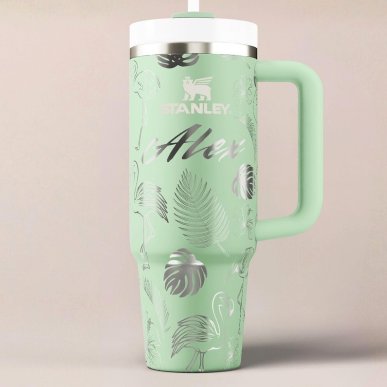 Flamingo Stanley Tumbler Personalized Beach Cup Insulated Stainless Mug Custom Design Tropical Drinkware Laser Engraved Gift Idea Travel image 3