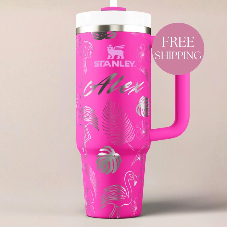 Flamingo Stanley Tumbler Personalized Beach Cup Insulated Stainless Mug Custom Design Tropical Drinkware Laser Engraved Gift Idea Travel Accessory Summer Vacation Beverage Holder Durable Steel Construction Quality Craftsmanship Unique