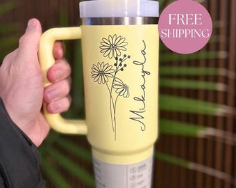 Personlig födelseblomma Stanley-tumbler Anpassad graverad koppdesign Brudtärnepresentidé Perfekt födelsedagspresent Bröllopsfestfavorit