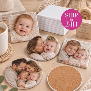 May include: A collection of square and circular coasters featuring printed family photographs. The coasters display images of infants, children, and parents. One circular coaster shows a plain brown cork underside, while others are stacked.