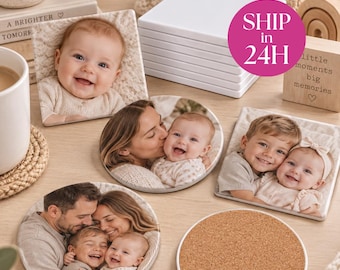 May include: A collection of square and circular coasters featuring printed family photographs. The coasters display images of infants, children, and parents. One circular coaster shows a plain brown cork underside, while others are stacked.