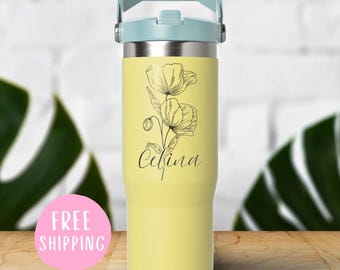 Vaso personalizado Stanley IceFlow con nombre y flor de nacimiento: regalo de acero inoxidable grabado