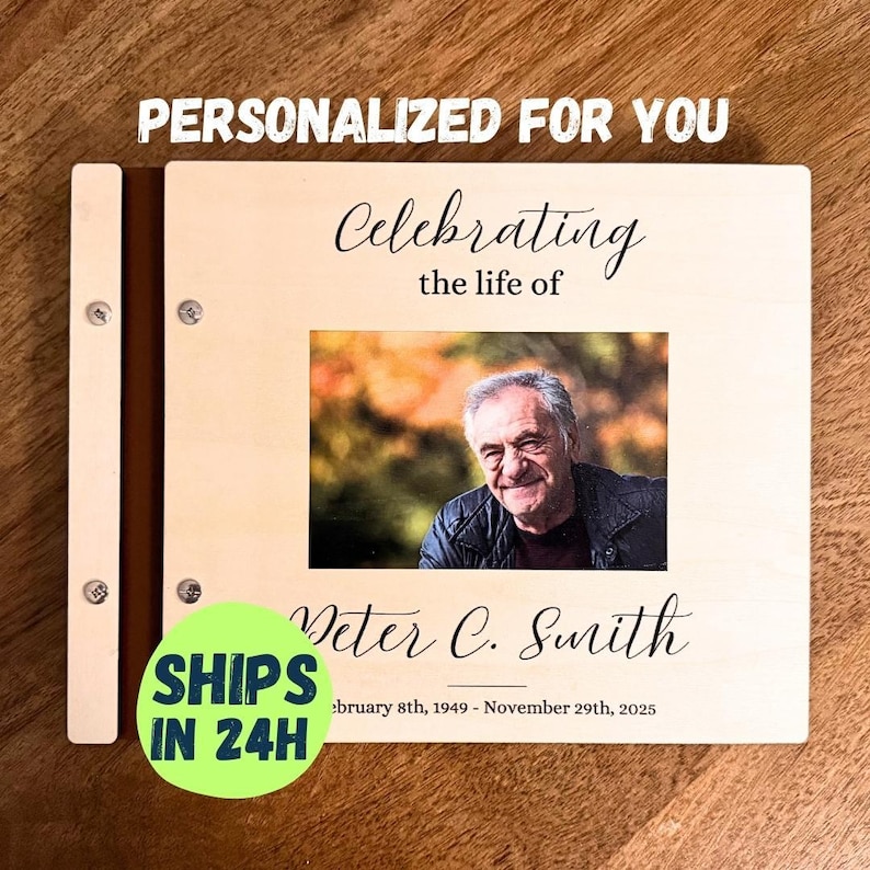 Personalized Memorial Guest Book Funeral Favors Celebration Life Memory Album Custom Design Wooden Keepsake Remembrance Journal Tribute image 11