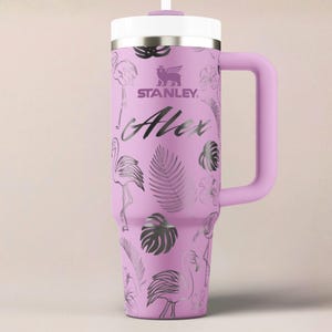 Flamingo Stanley Tumbler Personalized Beach Cup Insulated Stainless Mug Custom Design Tropical Drinkware Laser Engraved Gift Idea Travel Accessory Summer Vacation Beverage Holder Durable Steel Construction Quality Craftsmanship Unique