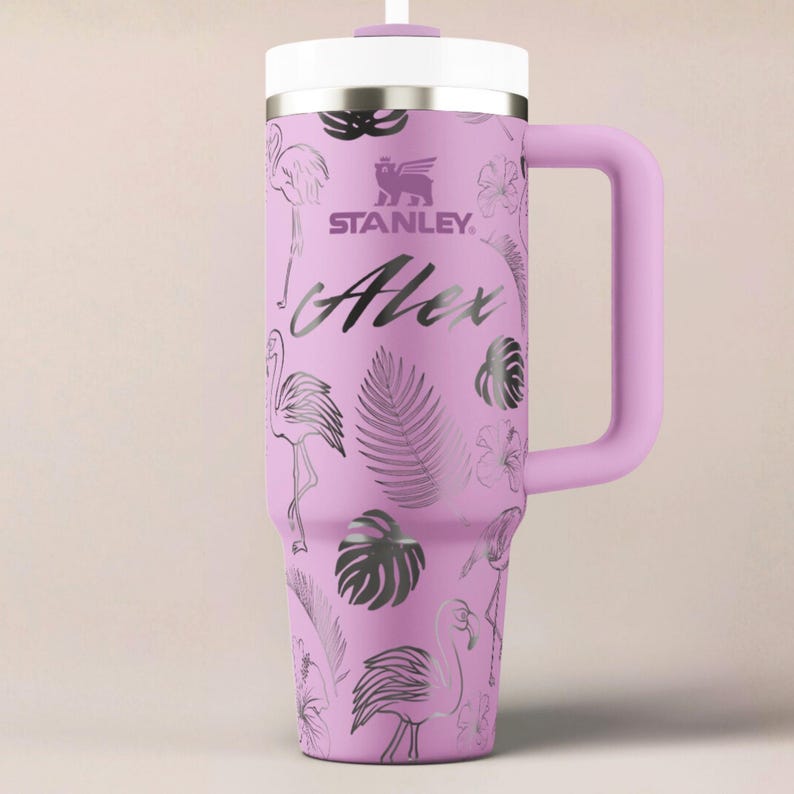 Flamingo Stanley Tumbler Personalized Beach Cup Insulated Stainless Mug Custom Design Tropical Drinkware Laser Engraved Gift Idea Travel Accessory Summer Vacation Beverage Holder Durable Steel Construction Quality Craftsmanship Unique