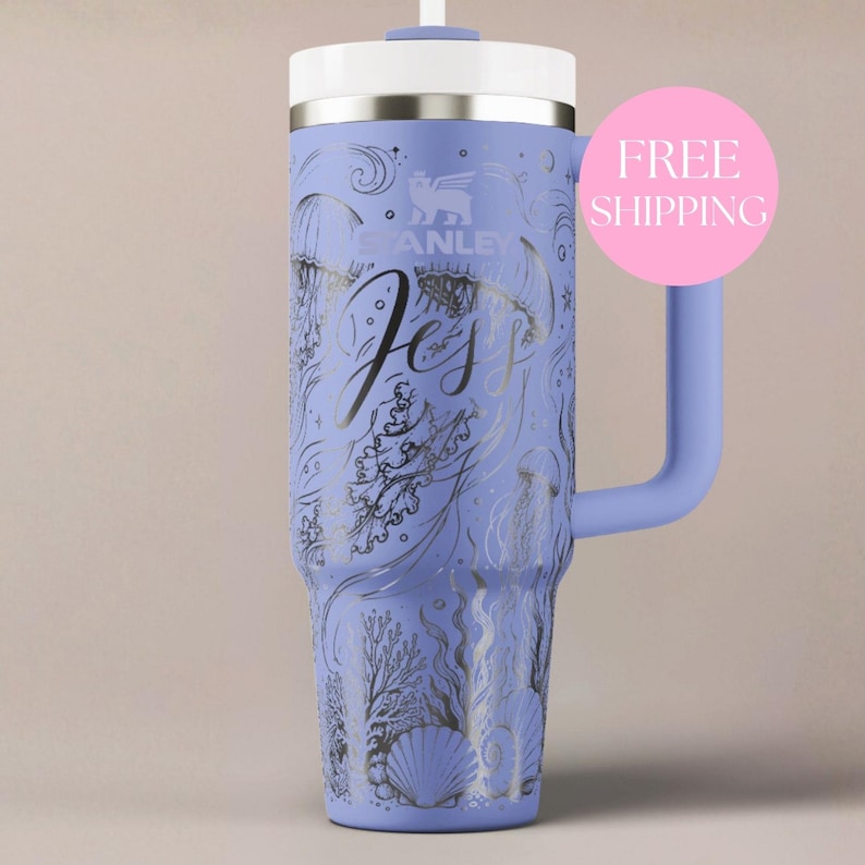Personalized Ocean Tumbler Stainless Steel Insulated Cup Custom Name Beach Gift Nautical Travel Mug Handled Water Bottle Jellyfish Design Seashell Coral Wave Drinkware Thermal Flask Personalized Name Options Color Choices Font Selections