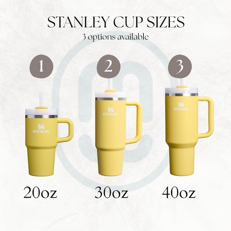以下が含まれることがあります： ハンドル、ストロー、蓋付きの黄色いスタンレー製タンブラー3点。20oz、30oz、40ozのサイズ表記があります。テキストには「STANLEY CUP SIZES」および「3 options available」と記載されています。各カップの前面にはスタンレーのロゴがあり、白いストローが付いています。