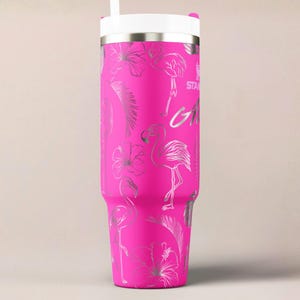 Flamingo Stanley Tumbler Personalized Beach Cup Insulated Stainless Mug Custom Design Tropical Drinkware Laser Engraved Gift Idea Travel image 9