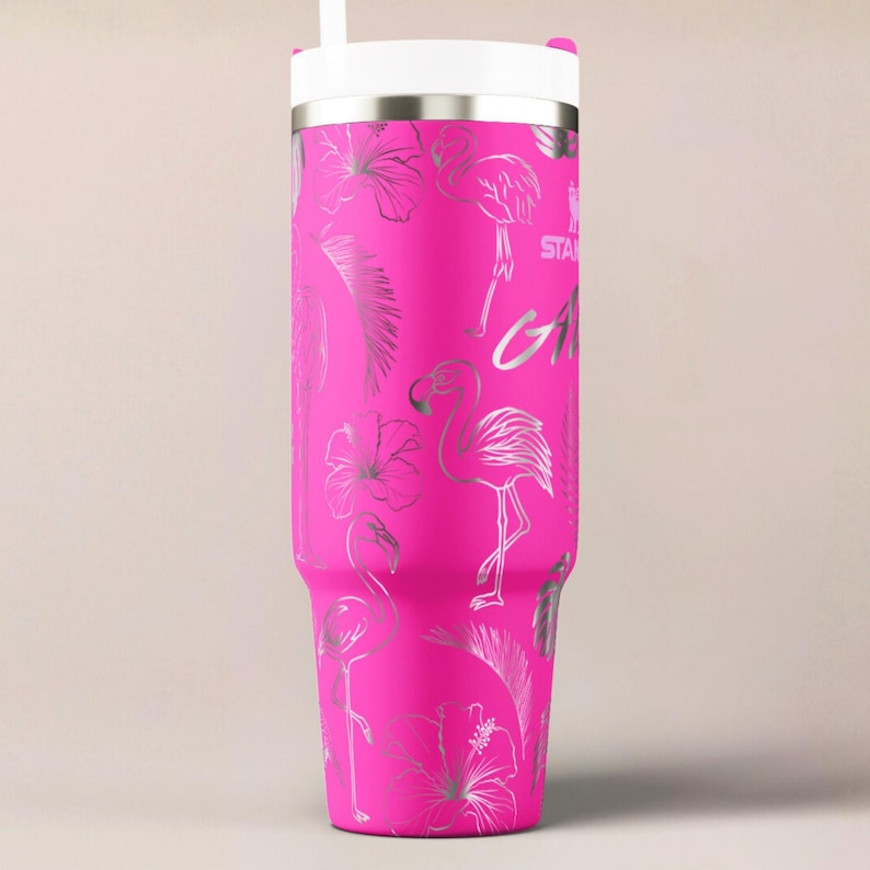 Flamingo Stanley Tumbler Personalized Beach Cup Insulated Stainless Mug Custom Design Tropical Drinkware Laser Engraved Gift Idea Travel image 9