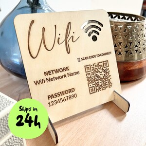 Guest Welcome Display Wooden WiFi Sign QR Code Information Stand Vacation Rental Accessory Airbnb Host Essential Convenient Visitor Access Natural Wood Material Scannable Network Connection Modern Rustic Design Countertop Decoration Wall