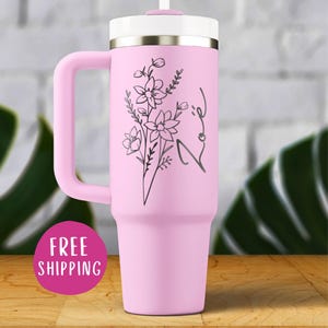 Personalized Stanley Quencher: Engraved Birth Flower Tumbler, Custom Logo