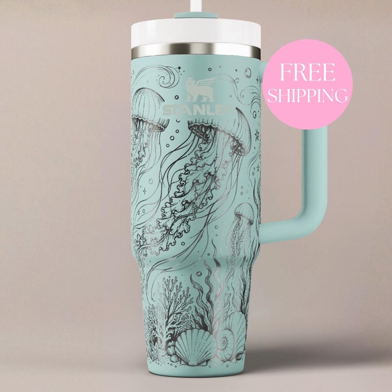 Personalized Ocean Tumbler Stainless Steel Insulated Cup Custom Name Beach Gift Nautical Travel Mug Handled Water Bottle Jellyfish Design Seashell Coral Wave Drinkware Thermal Flask Personalized Name Options Color Choices Font Selections