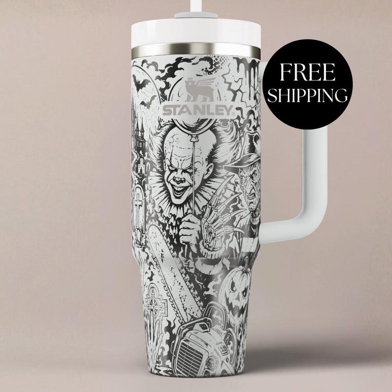 Horror Movie Tumbler Engraved Stanley Cup Insulated Gothic Bottle Halloween Party Drinkware Gift For Horror Fan Scary Movie Collection Pennywise Character Design Laser Etched Bats Chainsaws Classic Icons Black White Artwork Dishwasher Safe