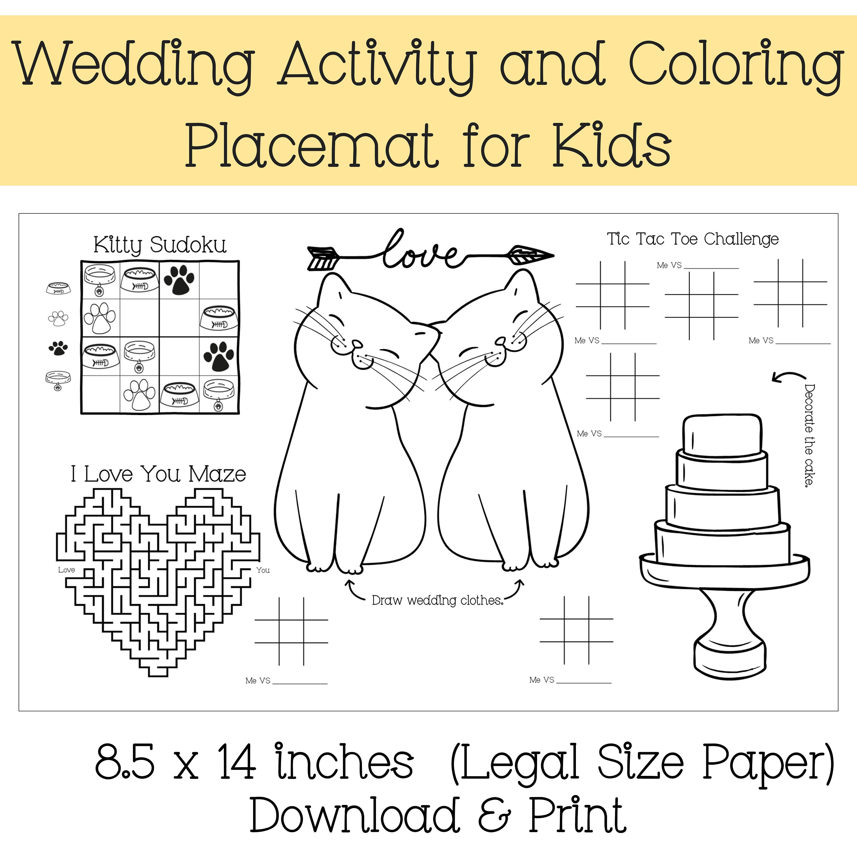 Wedding Activity and Coloring Placemat for Kids Girl Girl Printable PDF