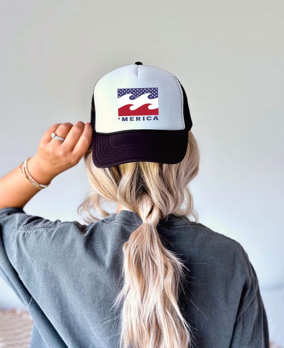 4th of July Trucker Hat for Men & Women - Vintage America Waves Trucker Hat - Patriotic Eagle Adjustable Snap Back Cap