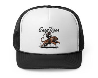 Gorra de camionero Easy Tiger Cowboy para hombre y mujer: malla gráfica, ajustable con frase divertida y moderna gorra frontal de espuma.