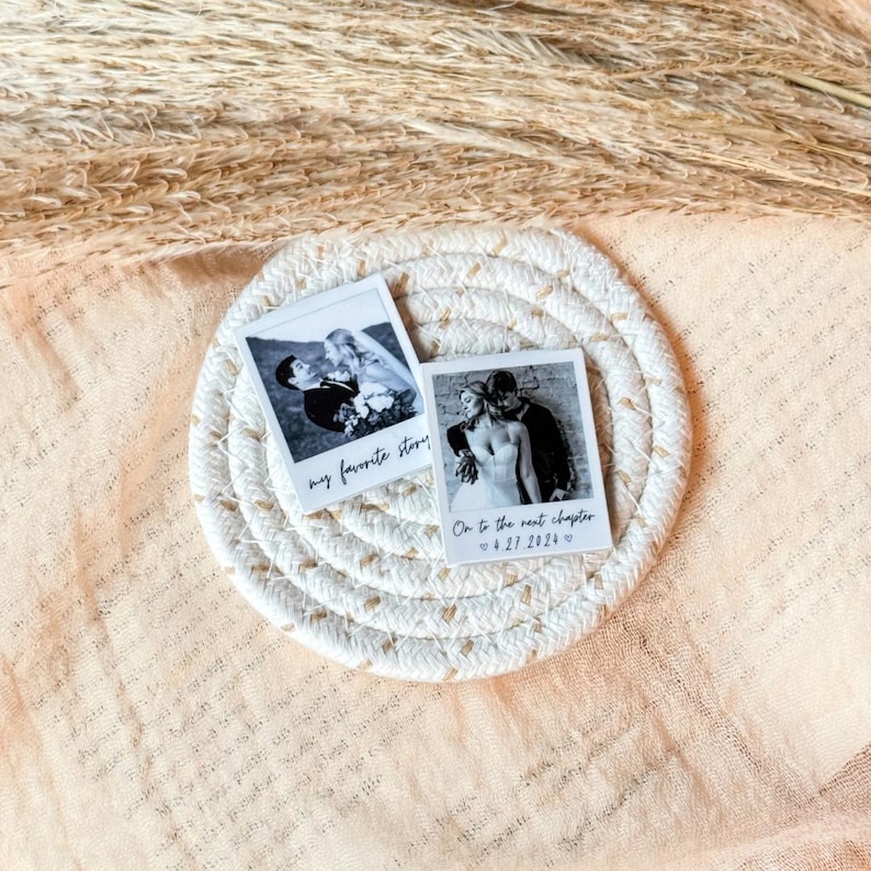 Romantic polaroid magnetic bookmark featuring couple portrait and short message, luxe finish.