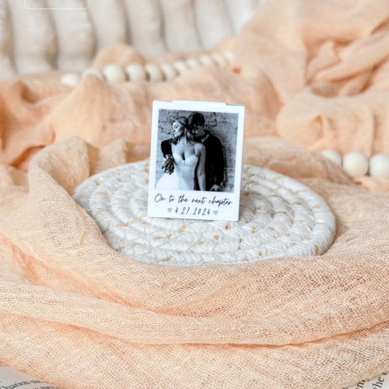 Wedding photo polaroid magnetic bookmark with date caption, individually wrapped and gift-ready.