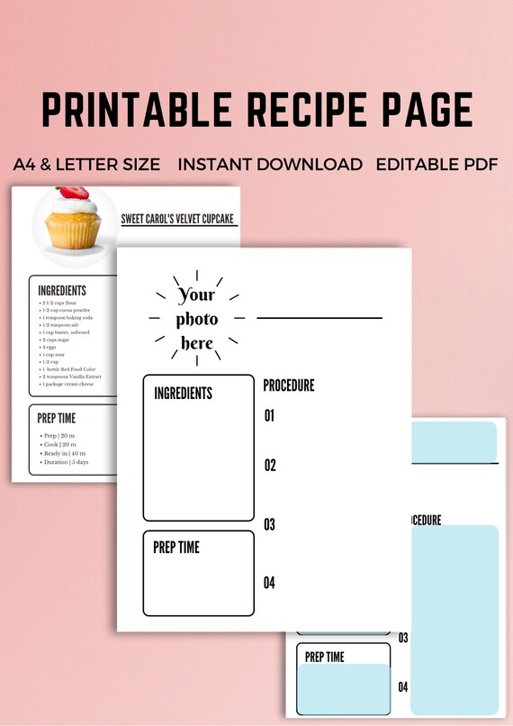 Printable Recipe Page Printable Blank Recipe Page Recipe | Etsy
